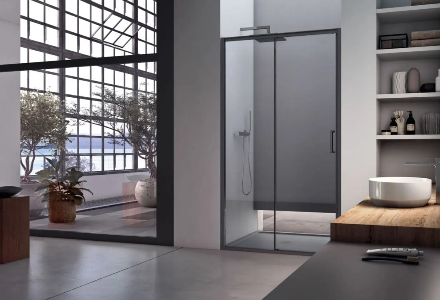 Box doccia S6 Scorrevole dotata di un sistema di apertura che ottimizza lo spazio a disposizione di Arcom