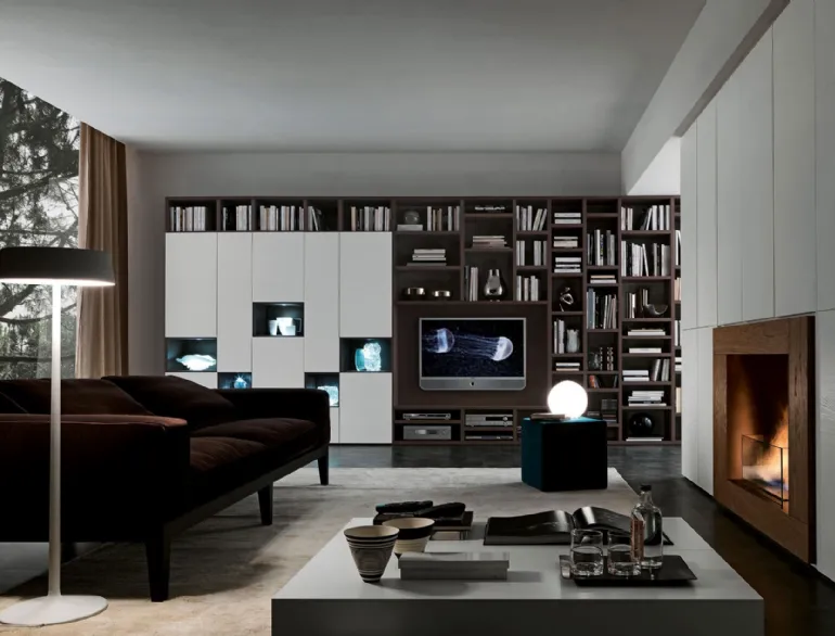 Libreria porta tv moderna in legno e laccato bianco opaco Pari&Dispari 01 di Presotto