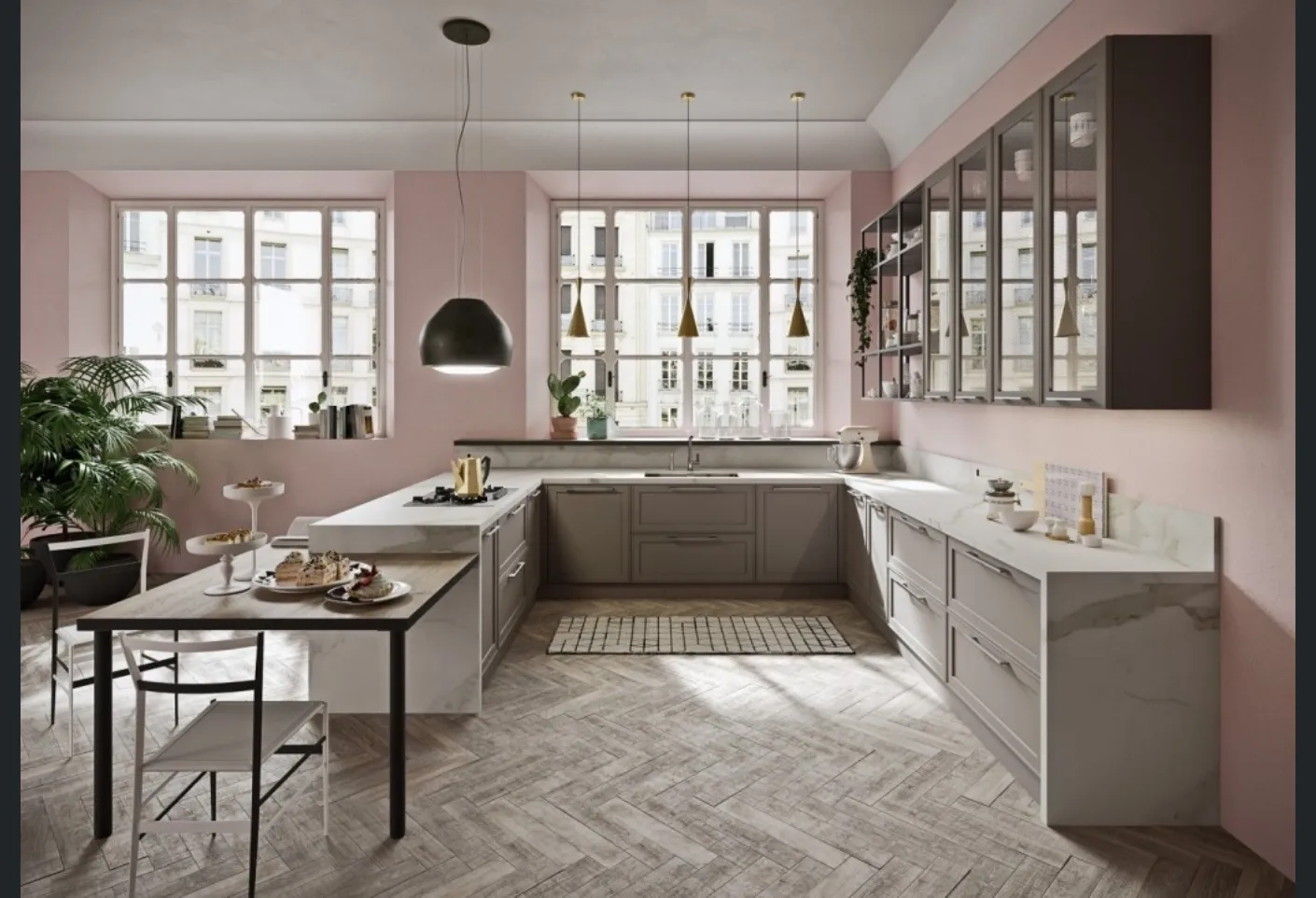 Cucina Moderna angolare con penisola in laccato opaco e HPL effetto marmo Vintage di Ar-Tre